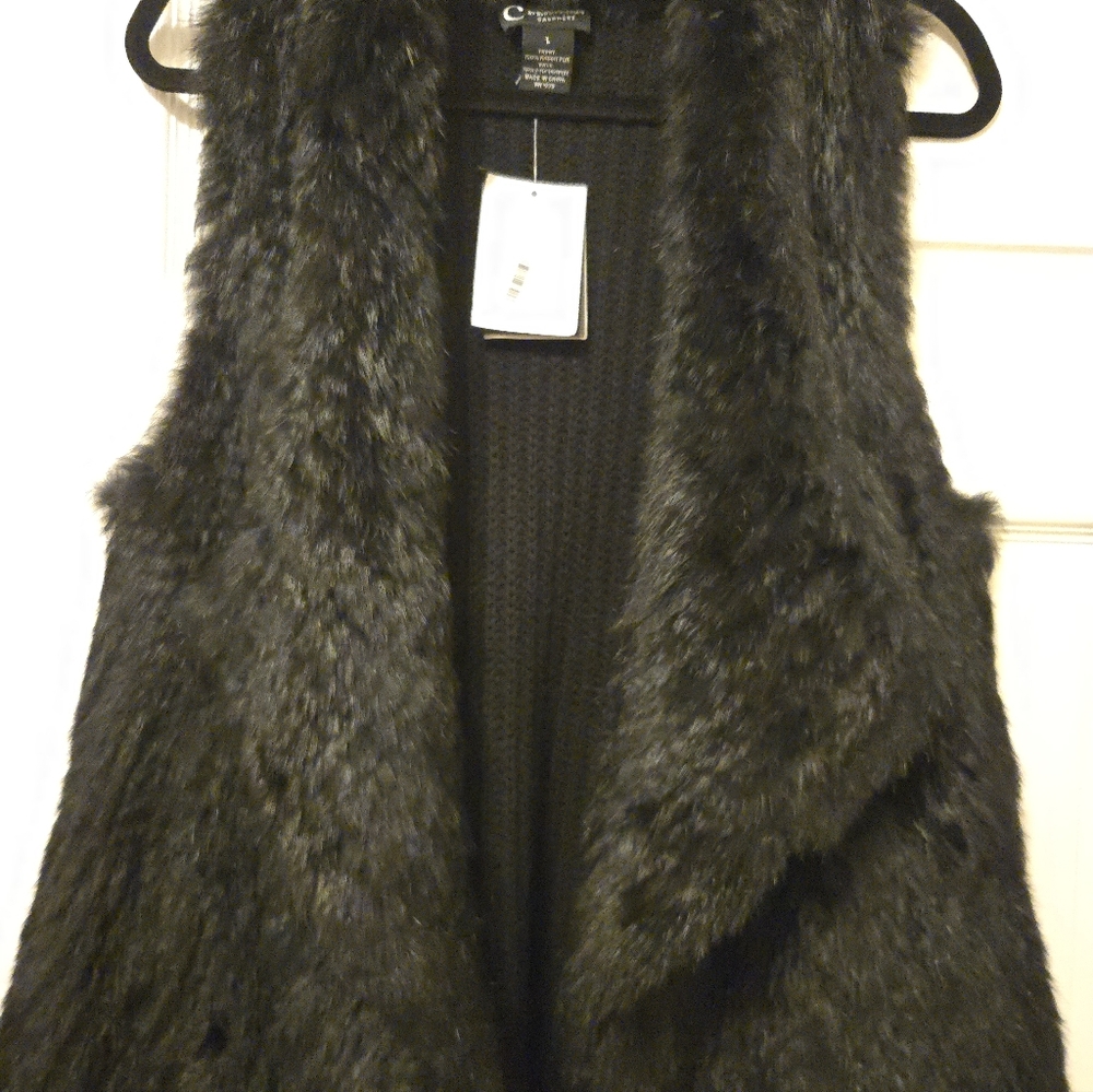 Bloomingdales Black Rabbit  Fur Open Front Vest
